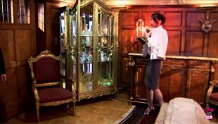 a naughty brunette in heels comes to church and kneels to suck the priests cock