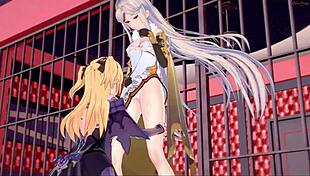 Cute blonde fischl eats ningguang's ass then strapon fucks her bent over cowgirl style