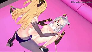 Cute blonde fischl eats ningguang's ass then strapon fucks her bent over cowgirl style