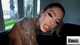 Huge tittied inked blonde gets oiled pussy and fucked