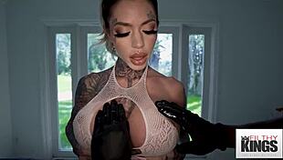 Huge tittied inked blonde gets oiled pussy and fucked