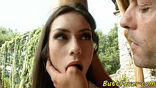 european chick gets anally fucked outdoors in lingerie by amateurs.