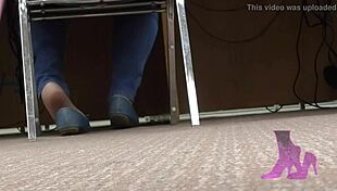 Wife's candid library shoeplay in nude nylons and flats