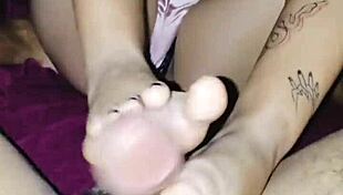 waking cousin with dick on feet excites her to masturbate me until cum on feet