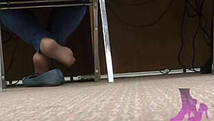 Wife's candid library shoeplay in nude nylons and flats