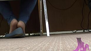 Wife's candid library shoeplay in nude nylons and flats