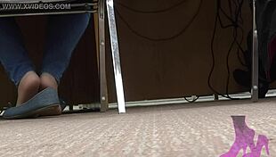 Wife's candid library shoeplay in nude nylons and flats