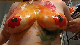 dirty painting on big natural tits