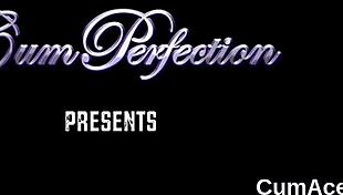 Peculiar sex kitten gets cumshot on her face eating all the jizm