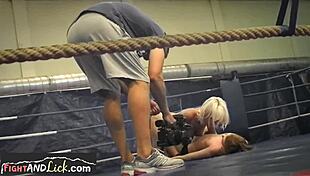 European lesbian babes wrestling in the ring, kissing passionately