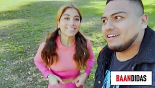 Young teen with natural tits stimulates clitoris in bed after yoga, getting cunilingus and doggystyle outdoors