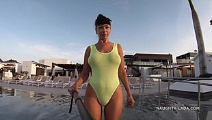 My transparent wet swimwear flashes body at public pool!