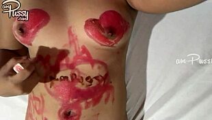 A homemade video shows a young Asian woman body arting her own bare physique with lipsticks