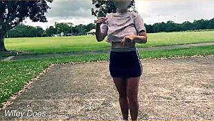 public exhibitionist braless milf plays basketball in short skirt with no panties