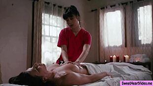 Jade licks and kisses Ariel in lesbian massage, reaching orgasm.