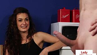 Cute European Babe Spreads Legs in Kitchen for Humiliating Jerk Off Instructions and Voyeur Fun