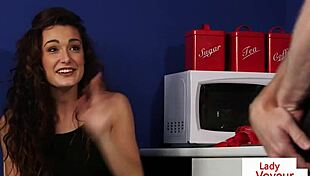 Cute European Babe Spreads Legs in Kitchen for Humiliating Jerk Off Instructions and Voyeur Fun