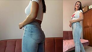 Pretty girl with big tits and ass worships denim jeans in intense fetish play!