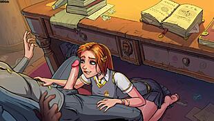 Innocent witch Ginny Weasley gives intense blowjob on desk