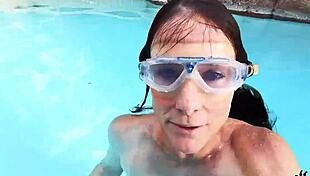 Brunette mature star Sofie Marie has a great naked pool masturbation scene