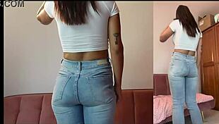 Pretty girl with big tits and ass worships denim jeans in intense fetish play!