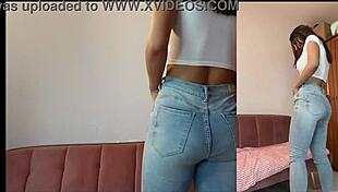Pretty girl with big tits and ass worships denim jeans in intense fetish play!