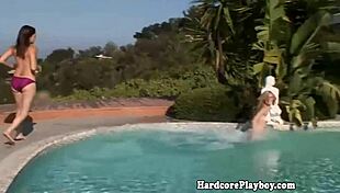 Petite lesbians fuck by the pool!