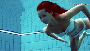 Hot Brunette Tits And Shaved Pussy Underwater In Public Pool