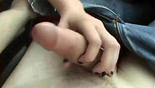 Blonde couple's naughty car blowjob.