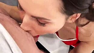 Hot brunette plays with ass toy and sucks big dick for merry christmas.