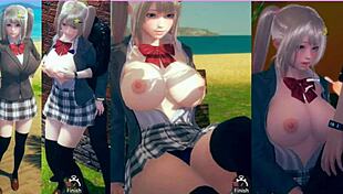 Positive blonde JK with big tits in 3D hentai handjob