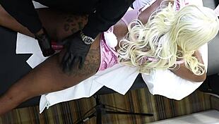 ebony babe with big pussy lips screams using vibrator on massage table 😍