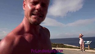 two hot old guys enjoying a pretty spanish woman on the beach