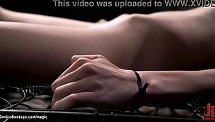 the slim slave is mounted on pointed wood in bondage