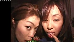 horny babe kissing in threesome handjob