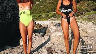 lesbian girls fingering on public beach