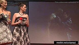 Female and male strippers tease audience in cfnm undressing