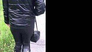 Wife in Hunter Wellies and Tight Leather Leggings Filmed