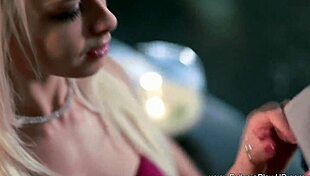 Classy blonde delivers intense deep cfnm blowjob with facial and swallow