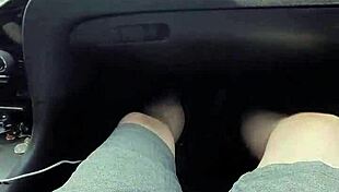 Girlfriend gives handjob in public car, ending with cum in mouth