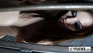 brunette pornstar lily fingers her wet pussy while detained in prison