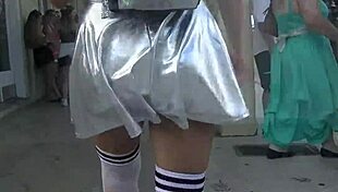 Exhibitionist Wife Helena Price Flashes Hairy Pussy Upskirt in Public. Fantasy Fest Crowd Goes Wild for It!