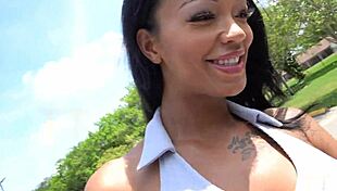 Beautiful Black Pornstar Harley Dean Bent Over For Blowjob With Big Natural Tits In POV Homemade Scene.