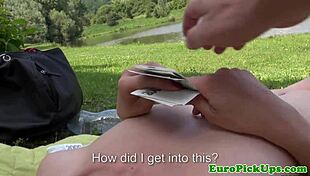 Euro amateur strips naked for cash outdoors
