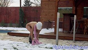 look at these snow fighting beauties licking each other's hairy pussies by the pool