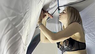 Hot Cute Babysitter in Sexy Lingerie Sucks Big Cock in Tent, Making Precum Drip