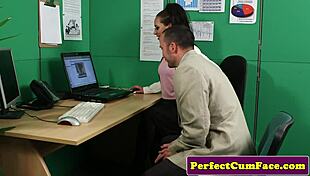 Brunette Makes Assistant Cum With Sloppy Blowjob