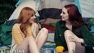 lesbian camping trip with lacy lennon and aria carson, tribbing and licking outdoors