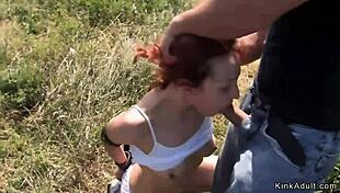 Redhead In Underwear Walked And Public Fucked!