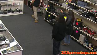 Pawnshop amateur doggystyled out the back, getting blowjob and facial in hidden cam